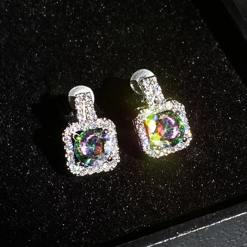 Square Shape Women Diamond silver Stud Earring - Picture 2 of 6